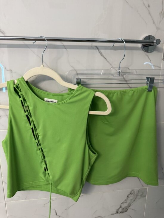 superdown Dresses & Skirts - superdown Lime Green Two Piece Set Lace Up Crop Tank S + Mini Skirt M